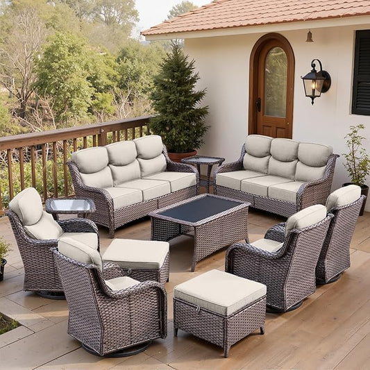 Belord Luxury 6" Thick Cushioned 11 Pieces Patio Furniture Set with Outdoor Couch, Wicker Outdoor Conversation Set with High Back Swivel Rocker Chairs for Deck Porch Yard and Poolside - Brown+Beige