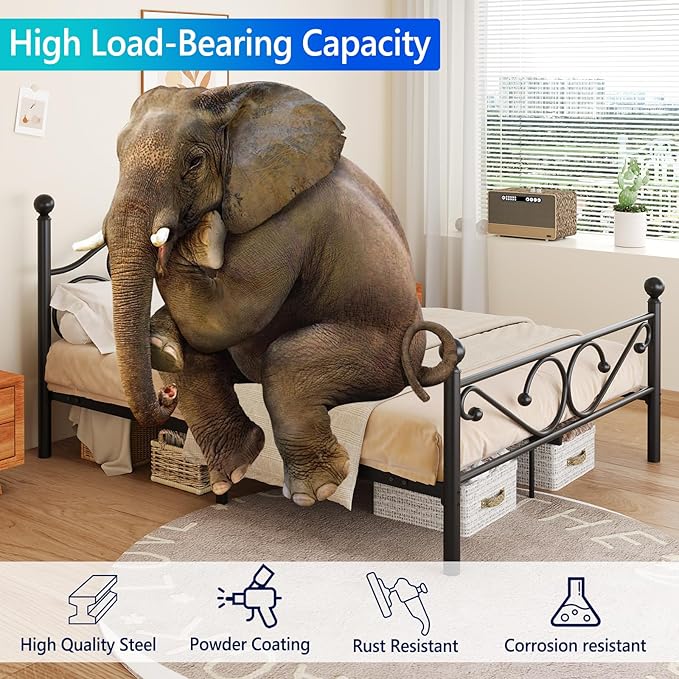 Metal Queen Single Bed Frame with Storage Space, 82.7" in Steel Bed Frame with Protective Foot Pads, Strong Bearing Capacity Queen Size Bed, Easy Assembly, Underbed Storage Space（40.1 inch）