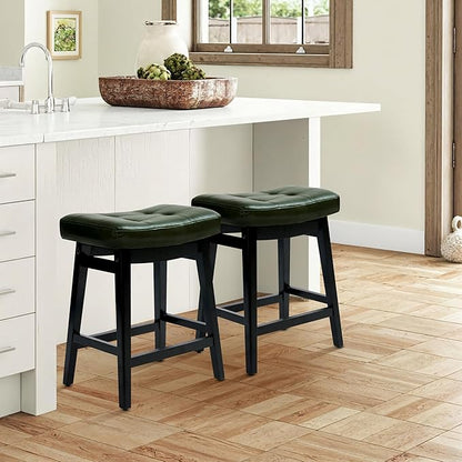 Counter Height Bar Stools Set of 3 for Kitchen Counter Farmhouse Modern Barstools with Faux Leather Upholstered Backless Seat and Solid Wood Legs 24 inch Bar Chairs, Green + Black