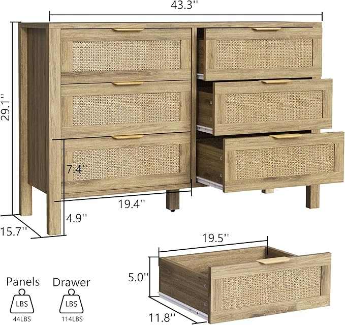 6 Drawer Dressers for Bedroom, Rattan Dresser with Drawers, Modern Wood Dresser with Metal Handles, Chest of Drawers for Bedroom, Living Room, Entryway (6 Drawer)