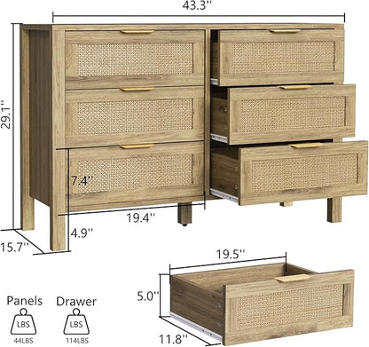 6 Drawer Dressers for Bedroom, Rattan Dresser with Drawers, Modern Wood Dresser with Metal Handles, Chest of Drawers for Bedroom, Living Room, Entryway (6 Drawer)
