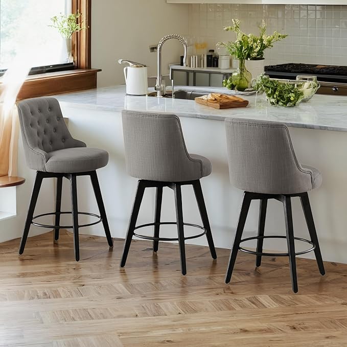 Watson & Whitely Counter Height Bar Stools Set of 3, Performance Fabric Upholstered Modern Swivel Barstool with Back, Solid Wood Legs, 26" H Seat, Flint Grey