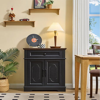Black Farmhouse Storage Cabinet with 2 Doors and 1 Drawer, Adjustable Shelf, Freestanding Kitchen Pantry Cabinet, Modern Buffet Sideboard Coffee Bar Cabinet Living Room Bathroom Dining Room