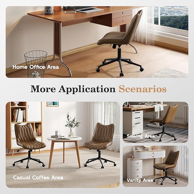 Armless Desk Chair, Armless Office Chair with Wheels, Small Desk Chair No Arms for Home Office, Swivel Vantiy Chair with Backs for Bedroom, Rolling Task Chair for Small Space, Brown
