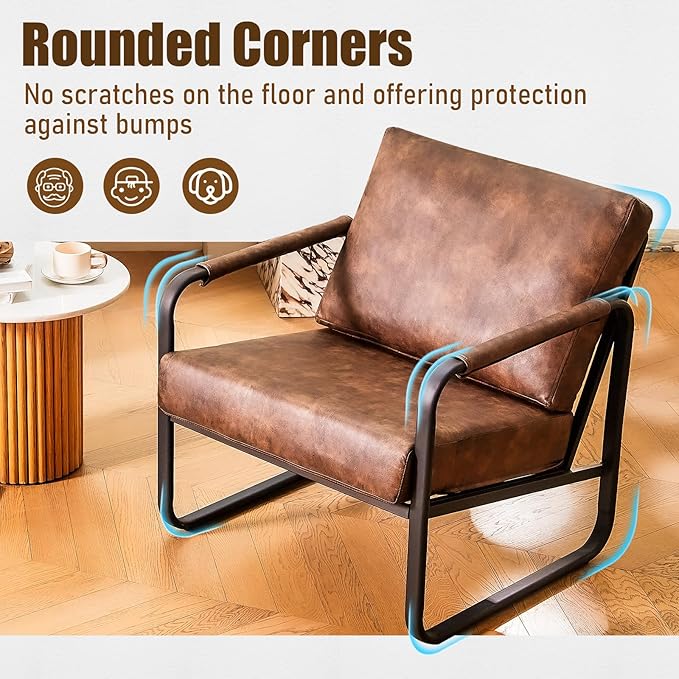PrimeZone Mid-Century Modern Accent Chair Set of 4 - Comfy Faux Leather Living Room Chair, Lounge Armchair with Extra Soft Padded & Cushion, Ergonomic Accent Chair for Bedroom, Office, Brown