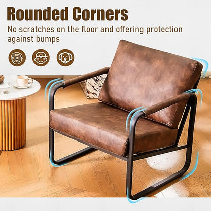 PrimeZone Mid-Century Modern Accent Chair Set of 4 - Comfy Faux Leather Living Room Chair, Lounge Armchair with Extra Soft Padded & Cushion, Ergonomic Accent Chair for Bedroom, Office, Brown