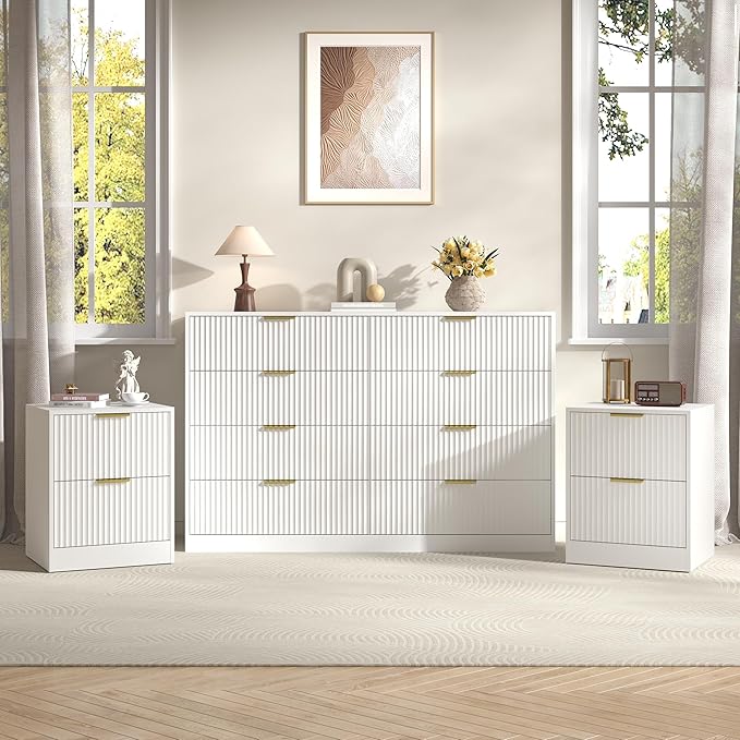 3-Piece Modern Bedroom Furniture Set, Wide 8-Drawer Dresser & 2-Drawer Nightstands Set of 2, Natural Wood Dresser and Nightstand Sets for Bedroom, Hallway, White