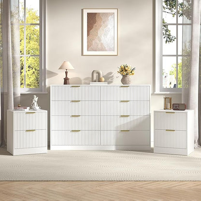 3-Piece Modern Bedroom Furniture Set, Wide 8-Drawer Dresser & 2-Drawer Nightstands Set of 2, Natural Wood Dresser and Nightstand Sets for Bedroom, Hallway, White