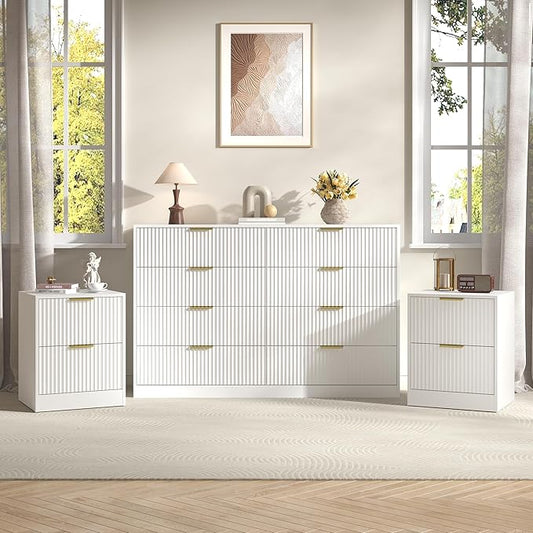3-Piece Modern Bedroom Furniture Set, Wide 8-Drawer Dresser & 2-Drawer Nightstands Set of 2, Natural Wood Dresser and Nightstand Sets for Bedroom, Hallway, White