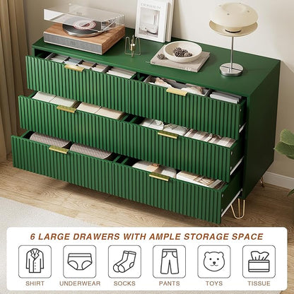 Green Dresser for Bedroom, Modern Dresser with Gold Metal Handles & Chests of Drawers for Bedroom, 15.7" D x 47.2" W x 29.5" H