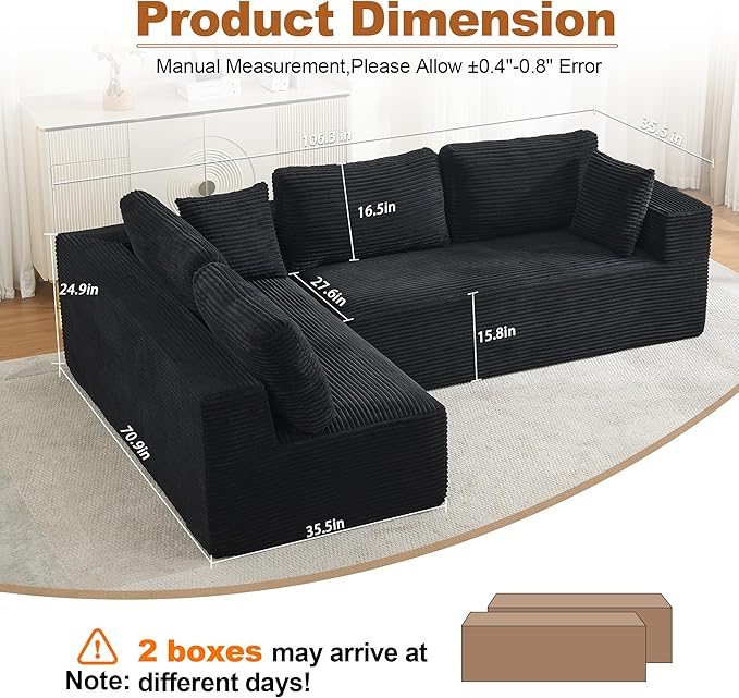 106" Cloud Modular Sectional Sofa Couch,L-Shape Modern Boneless Sectional Couch with Deep Seat,Upholstered Couches for Living Room Bedroom,No Assembly Required,Black