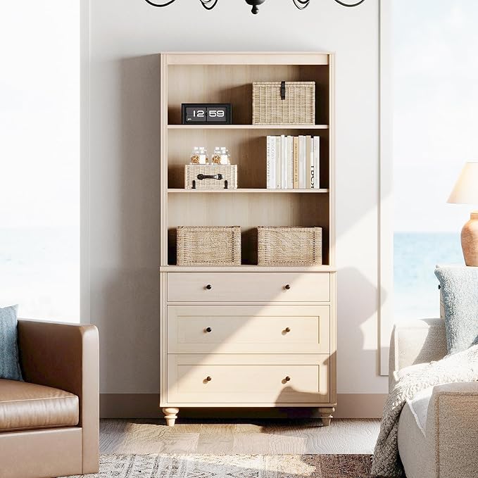 WAMPAT 3 Tier Bookshelf with 3 Drawers, 72" Tall Bookcase Large Farmhouse Display Book Case Shelf with 3-Tier Open Book Shelfs，Library Wood Bookshelves for Living Room,Kitchen, Light Oak