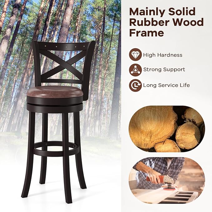 COSTWAY Bar Stools Set of 4, 30" Swivel Bar Height Bar Chairs with Copper Nails, Upholstered Seat, X-Shaped Backrest, Solid Rubber Wood Frame, for Kitchen Island Pub Bar