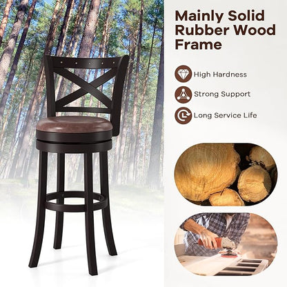 COSTWAY Bar Stools Set of 4, 30" Swivel Bar Height Bar Chairs with Copper Nails, Upholstered Seat, X-Shaped Backrest, Solid Rubber Wood Frame, for Kitchen Island Pub Bar