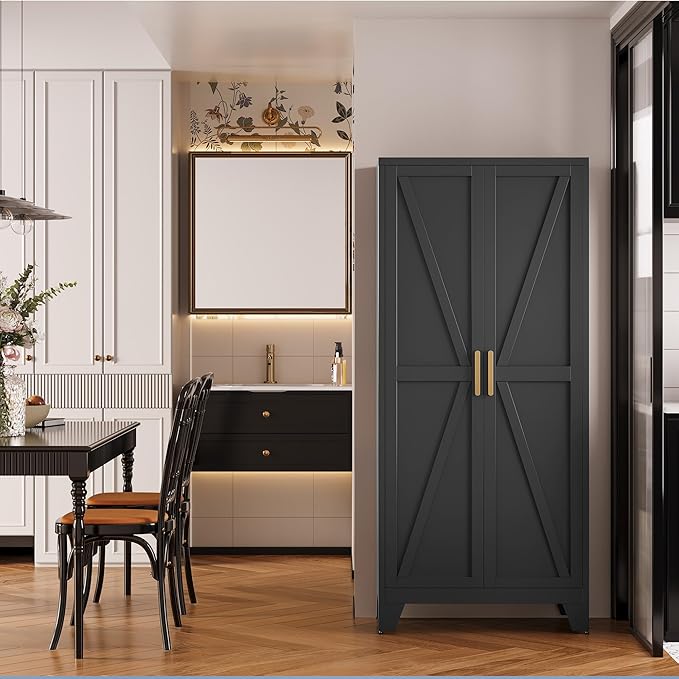 Large Metal Kitchen Pantry Cabinet with Adjustable Shelves - Freestanding Kitchen Storage Cabinet for Dining Room,Livingroom Bathroom, Hallway, Workshop, Office (Black, 61"- 0 Drawer)
