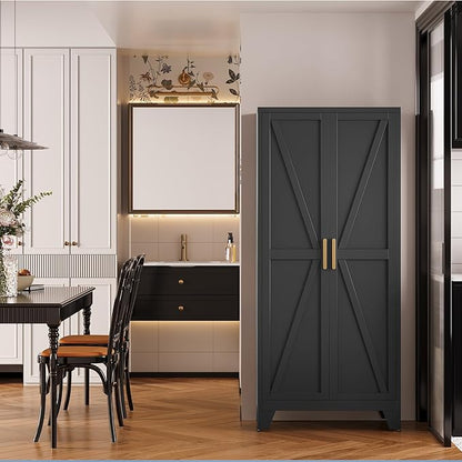 Large Metal Kitchen Pantry Cabinet with Adjustable Shelves - Freestanding Kitchen Storage Cabinet for Dining Room,Livingroom Bathroom, Hallway, Workshop, Office (Black, 61"- 0 Drawer)