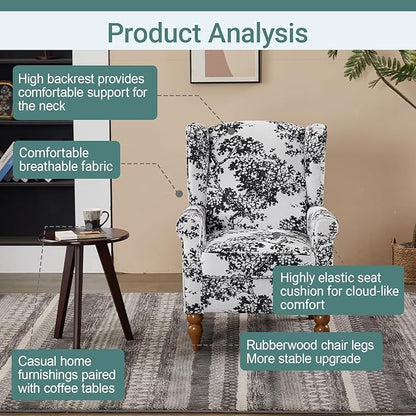 ZMAD Accent Chair, Upholstered High Back Floral Armchair Wood Legs, Comfy Wingback Reading Single Sofa Chair,Plus a Solid Wood Coffee Table for Small Spaces, Living Room, Bedroom (Antique White+Gray)