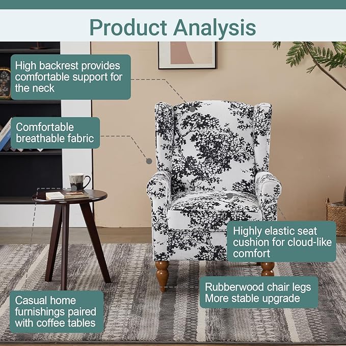 Modern High - Back Accent Chair and Side Table Set - Upholstered Wingback Armchair for Living Room, Bedroom,Office(Floral)
