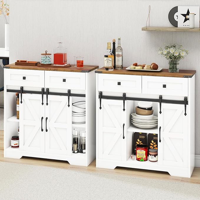 Vabches Bathroom Floor Cabinet, Farmhouse Storage Cabinet with Sliding Barn Door and Storage Drawers, White Buffet Cabinet with Adjustable Shelves for Bathroom, Kitchen, Entrance Area, Living Room