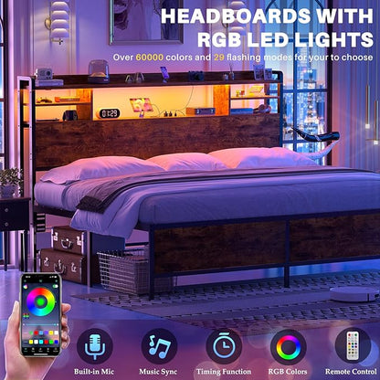 Aheaplus Headboard for King Size Bed with Storage, Headboards with LED Light, Power Outlets, USB Ports King Size Head Board, Wood headboard Only Sturdy and Stable Headboards, Modern, Rustic Brown