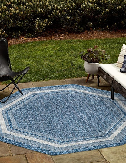 Unique Loom Outdoor Border Collection Area Rug - Soft Border (7' 10" Octagon, Blue/ Ivory)