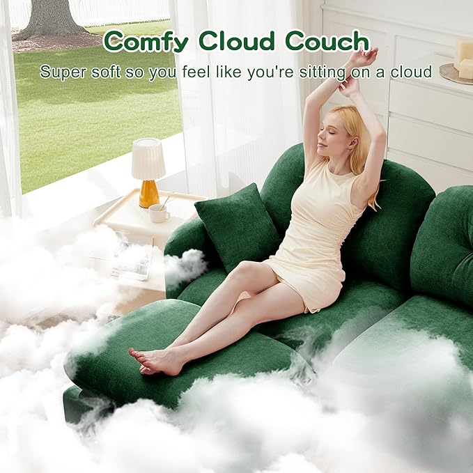 140" U Shaped Couch for Living Room, Comfy Chenille Fabric Cloud Sectional Couch, Modern Upholstered Deep Seat Sofa with Pillow and 2 Movable Ottoman, Oversized 4 Seater Sectional Sofa, Green
