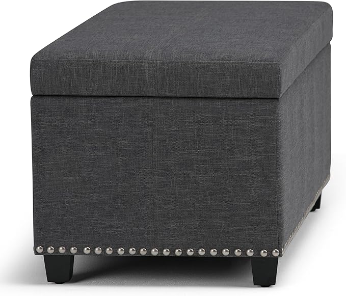SIMPLIHOME Amelia 33 inch Wide Transitional Rectangle Storage Ottoman Bench in Slate Grey Linen Look Fabric, Assembled, For the Living Room, Entryway and Family Room