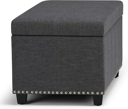 SIMPLIHOME Amelia 33 inch Wide Transitional Rectangle Storage Ottoman Bench in Slate Grey Linen Look Fabric, Assembled, For the Living Room, Entryway and Family Room