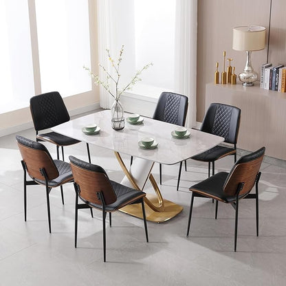 BV Dining Chairs Set of 2, PU Leather Armless Kitchen Chair in Modern Walnut Style, Mid Century Bentwood Side Chair with Metal Legs, Retro Accent Guest Chair for Kitchen Dining Room(Black)
