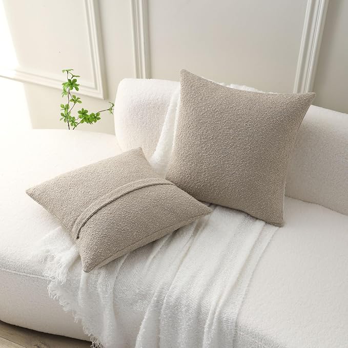 FUTEI Pack of 2 Oatmeal Decorative Throw Pillow Covers 24x24 Inch Soft Cozy Solid Boucle Textured European Cushion Case,Modern Home Decor for Couch Bed Living Room