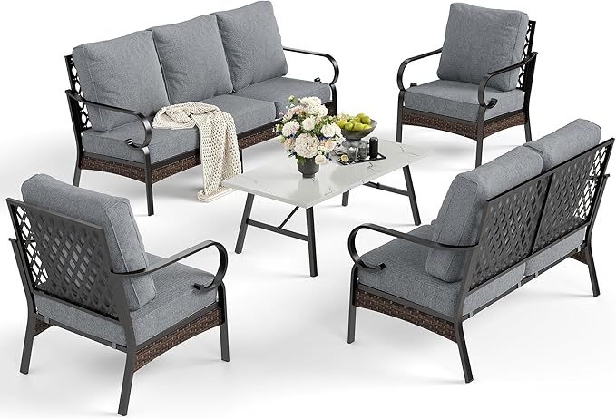 5 Piece Metal Outdoor Patio Furniture Set, Patio Conversation Set with 1 3-Seater Sofa, 2 Fixed Sofa with 5.75" Thick Cushion & Coffee Table, Black & Gray Backyard Furniture