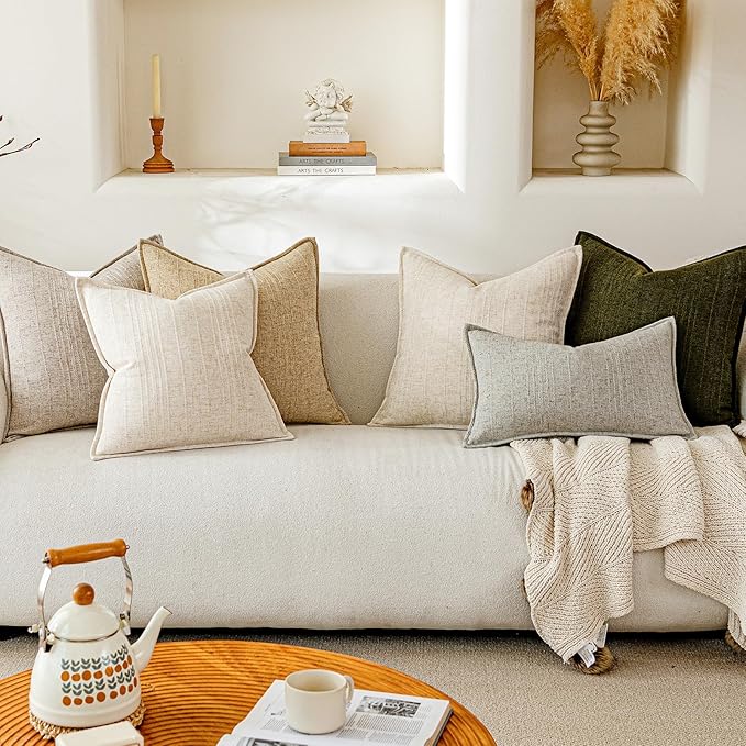 a moment Linen Pillow Covers Set of 2,Boho Farmhouse Throw Pillowcases Neutral Textured Decorative Covers for Couch Sofa, Soft Linen Blend Accent Case Cushion Living Room Home Decor 26"x26"Khaki