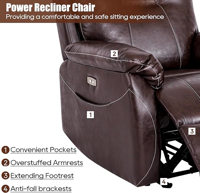 Power Recliner Chair with Heat and Massage, Electric Leather Recliner Chair for Adults with Extended Footrest, USB Port & Side Pockets, Faux Leather Massage Chair for Living Room (Brown)