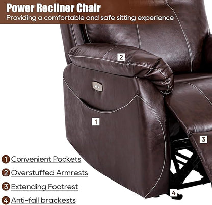 Power Recliner Chair with Heat and Massage, Electric Leather Recliner Chair for Adults with Extended Footrest, USB Port & Side Pockets, Faux Leather Massage Chair for Living Room (Brown)