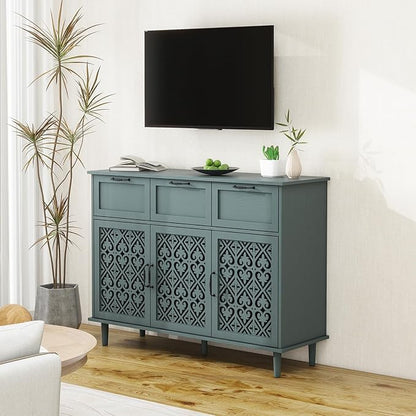 Sideboard Buffet Cabinet with Storage - Accent Storage Cabinet with Carved Pattern, Modern 3 Door 3 Drawer Cabinet, Farmhouse Wood Credenza for Living Room, Dining Room (Green)