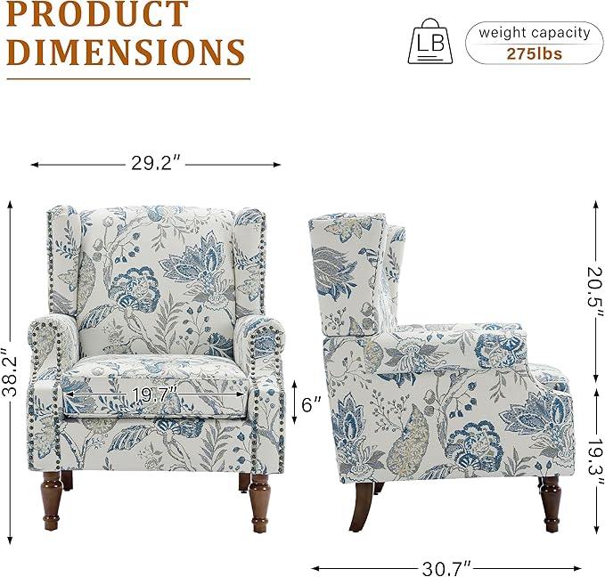 Floral Wingback Accent Chair, High Back Upholstered Armchair, Comfy Fabric Wingback Arms Chairs with Retro Solid Wood Legs, Single Sofa Reading Chair for Bedroom Living Room, Plants Blue