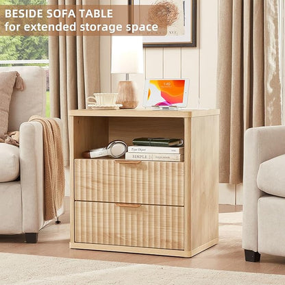 LEYAOYAO Fluted Nightstand Set of 2 with Charging Station,23" Modern Nightstand with Woodgrain Top, 2 Drawer End Table w/Storage, BedsideTables for Bedroom, Living Room, Curved Profile,Wood