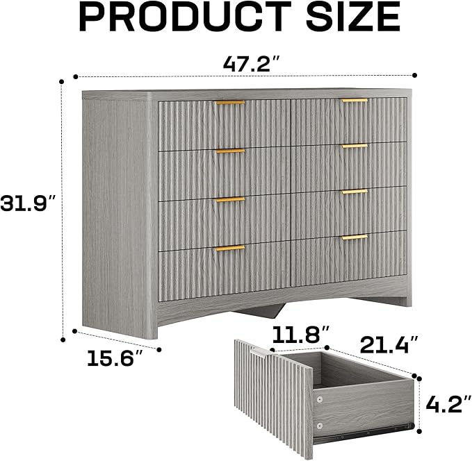 Marsail Fluted 8-Drawer Wide Wooden Dresser, Smooth Gliding Drawers & Large Capacity Storage Space, Modern Organizer Cabinet for Bedroom or Hallway, Light Grey