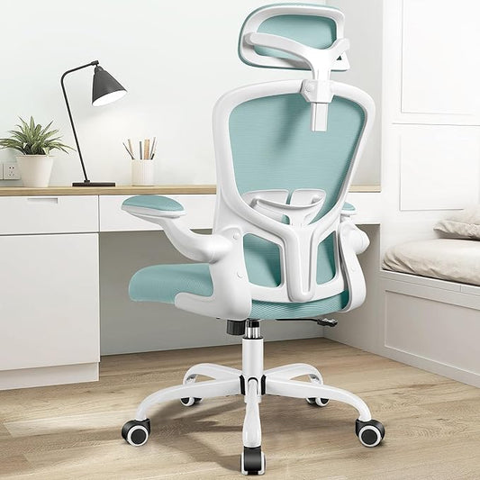 FelixKing Ergonomic Office Chair with Adjustable High Back, Breathable Mesh, Lumbar Support, Flip-up Armrests, Executive Rolling Swivel Comfy Task Computer Chair for Home Office (Light Blue)