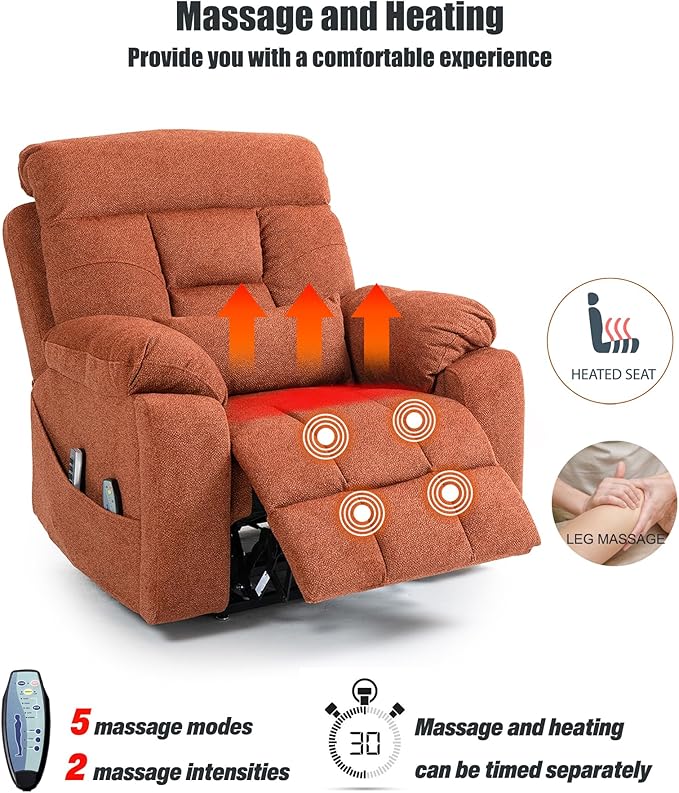 Power Lift Chair Recliners for Elderly with Heated and Massage, 4 Motor Headrest, Lumbar Independent Adjustment Power Lift Recliner with Hidden Cup Holder、Side Pocket、Back Pillow