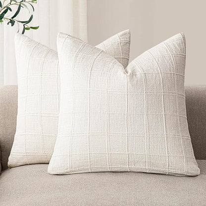 Foindtower Set of 2 Decorative Linen Check Throw Pillow Covers Neutral Farmhouse Vintage Cushion Covers Modern Boho Home Decor for Sofa Chair Couch Bedroom Living Room,18×18 Inch,Cream White