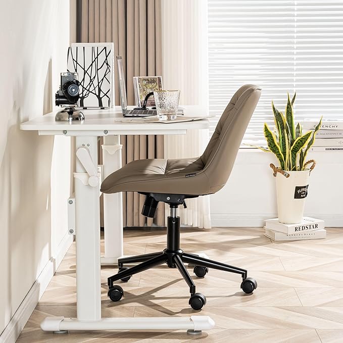 Rowill Leather Office Chair, Ergonomic Armless Desk Chair with Waterproof Cushion & Slient Wheels & SGS-Certified Class 3 Explosion-Proof Gas Lift, Ideal for Home Office, Study and Vanity(Khaki)