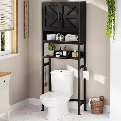 Over The Toilet Storage Cabinet - Bathroom Shelves Above Toilet Freestanding Organizer Shelf with Doors Narrow Floor Stand Rack Farmhouse Wood 71" Tall, Black