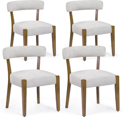 Modern Dining Chairs Set of 4, Walnut Upholstered Kitchen & Dining Room Chairs, Mid Century Modern Wooden Dining Chairs Oversized Sturdy Rounded Chairs Curved Back, Beige Fabric