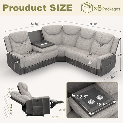 Manual Recliner Sectional Sofa for Living Room, Corner Couch with Flip Middle Backrest, USB Ports & Cup Holders, Grey Linen & Chocolate Leather, 5 Seater Sectional Couch