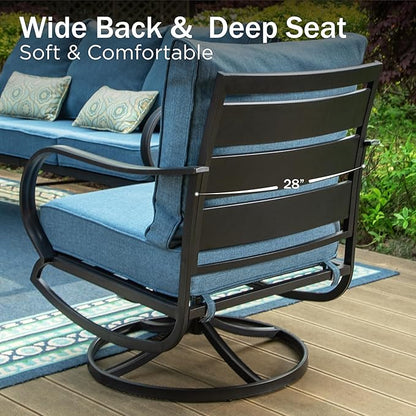 PHI VILLA 7 PCS Patio Furniture Set,Metal Outdoor Furniture with 1x 3 Seater Cushioned Deep Seating Bench Sofa, 2 Swivel Chair, 2 x Leg Chairs & 2 Ottoman for 7 Person, Navy Blue