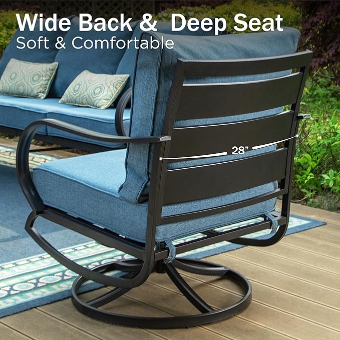 PHI VILLA 5 PCS Patio Furniture Set,Metal Deluxe Patio Set with 1 x 3 Seater Deep Seating Bench, 2 x Swivel Sofa Chairs & 2 x Metal Cushioned Ottoman, Outdoor Patio Set for Garden, Navy Blue