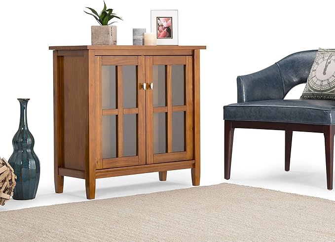 SIMPLIHOME Warm Shaker SOLID WOOD 32 inch Wide Transitional Low Storage Cabinet in Light Golden Brown for the Living Room, Entryway and Family Room