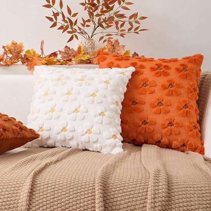 Kevin Textile Fall Floral Pillow Covers 18x18 Inch Set of 2 Cute Flowers Embroidery Decor Soft Plush Faux Fur Throw Pillows Pillowcases for Holiday Harvest Decor Sofa Couch Bedroom, Rust