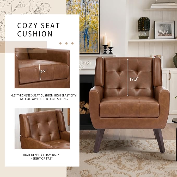 Faux Leather Accent Chair, Mid-Century Modern Upholstered Armchair, Comfy Living Room Chairs Reading Chairs with Button Tufted Back & Solid Wood Legs for Bedroom, Office, Coffee